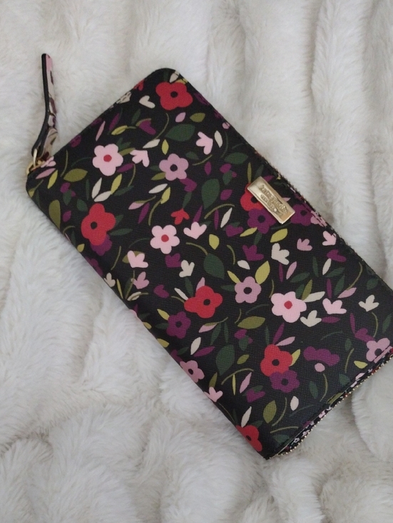 kate spade Handbags - Kate Spade Floral Zip Wallet in Black with Pink & Red Accents